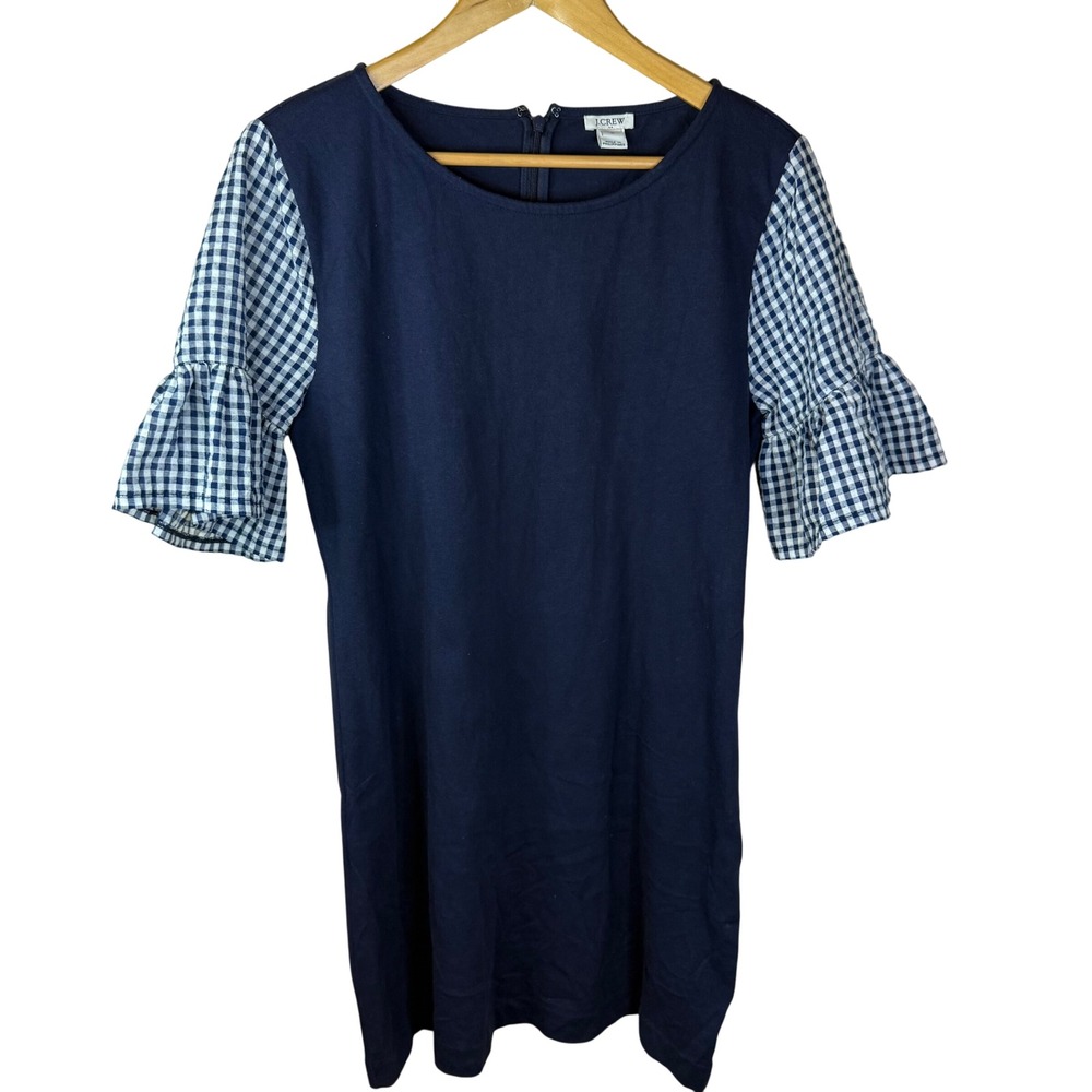 J.‎ Crew Printed Navy Blue Dress Gingham Ruffle Bell Sleeve Cotton Career M